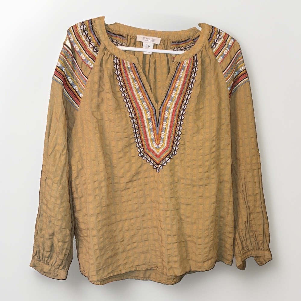 Women's Textured Embroidered Flowy Tunic Bohemian Shirt Size M